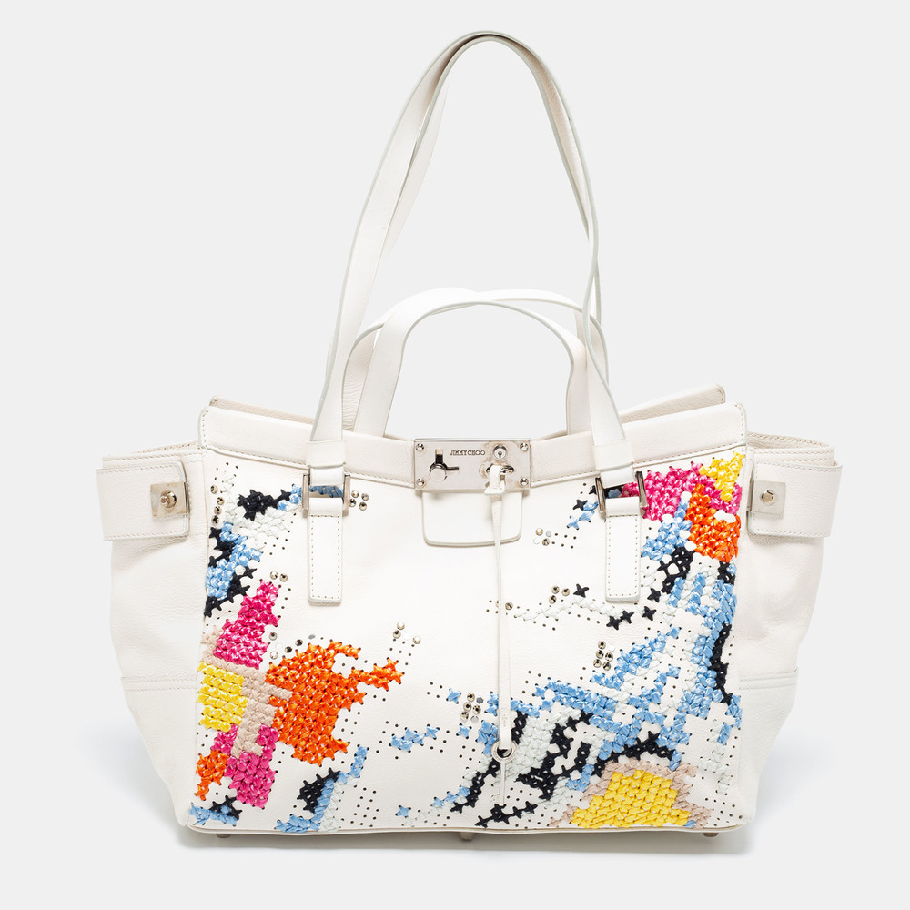 JIMMY CHOO White Cross Stitched/Embellished Leather Tote - Picture 1 of 8